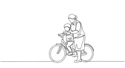 Obraz premium Continuous single line art depicting a woman teaching a child to ride a bicycle. Minimalist black vector outline on white background representing family bonding and parenting.