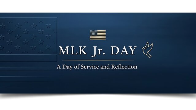 Martin Luther King Jr Day banner with American flag and dove, MLK Jr Day a day of service and reflection text on navy blue background, patriotic holiday social media header