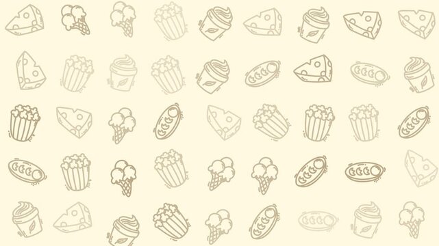Seamless pattern of hand drawn food doodles featuring ice cream popcorn cheese cake and coffee cup illustrations