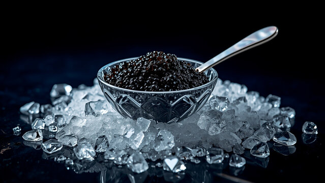 Luxurious Black Caviar Served on Crushed Ice with a Spoon