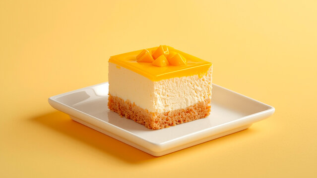 Delicious slice of mango cheesecake on a white plate with yellow background