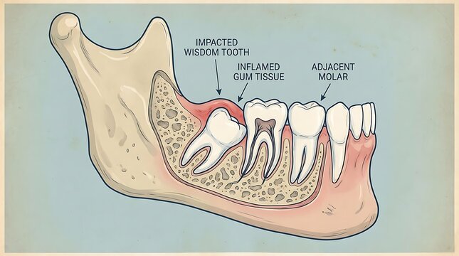 Impacted wisdom tooth and inflamed gum tissue diagram