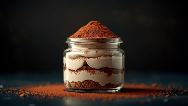 Delicious Tiramisu Dessert in a Jar with Cocoa Powder Dusting