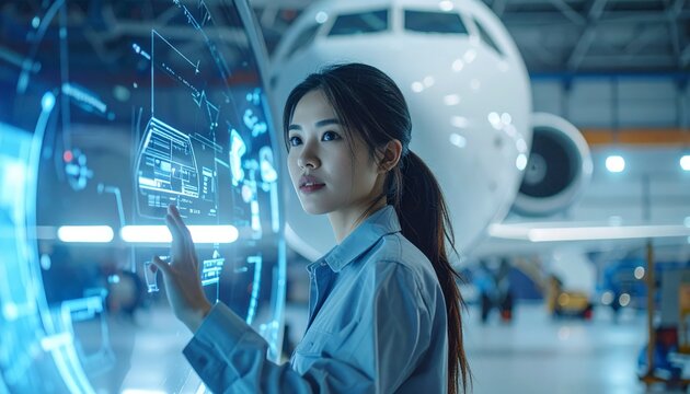Female Engineer Interacting with Holographic Interface in Airplane Hangar