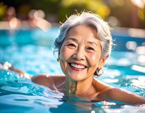 Capture the essence of joyful retirement with this image of a smiling senior woman enjoying a refreshing swim in the pool, radiating health and happiness.