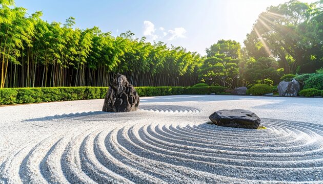Raked gravel patterns in a Japanese Zen garden with rocks and green trees