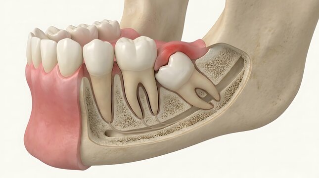 Impacted wisdom tooth showing inflammation and pressure on adjacent molar