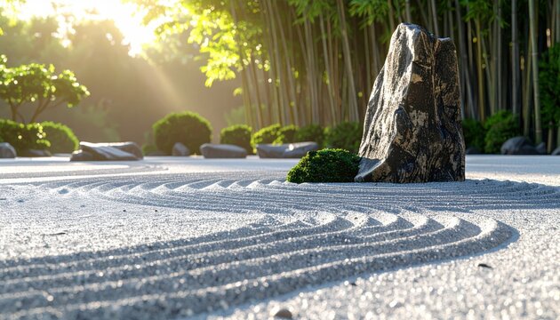 Raked Gravel in a Zen Garden with Bamboo Trees at Sunrise Peaceful Vibe