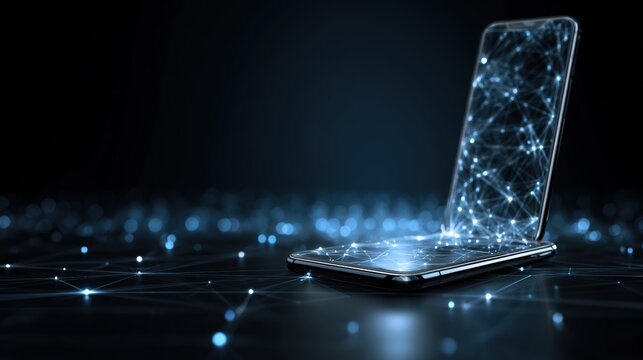 Smartphone on technology background. Neon glowing mobile phone on abstract dark background. Futuristic network connection