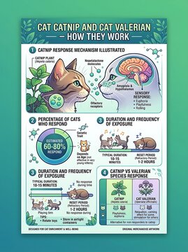Educational infographic explaining catnip and valerian effects on cats