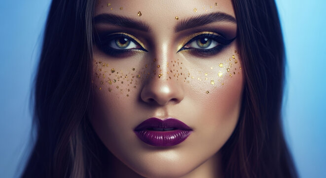 Stunning close up portrait of woman with dramatic makeup and gold glitter on cheeks featuring intense eyes and bold lips in soft blue lighting.
