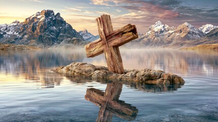 Obraz premium Symbolic Wooden Cross Rising from Calm Water with Mountain Reflection at Sunrise