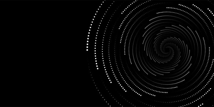 Abstract futuristic spiral vortex pattern featuring dotted and dashed concentric circles isolated on a solid black background.