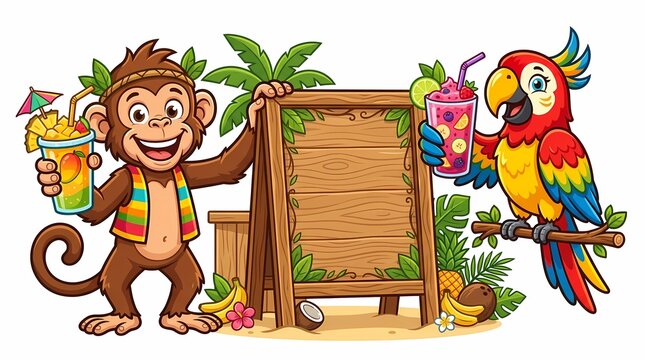 Cartoon monkey and colorful parrot holding tropical cocktails next to a wooden sign board.