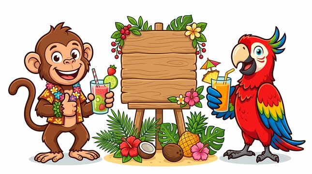 Cartoon monkey and parrot with wooden sign and tropical drinks.