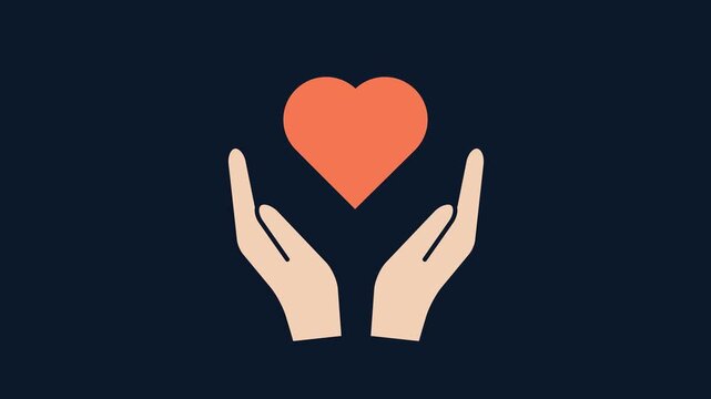 Flat design vector animation of human hands opening to reveal a growing peach heart on a dark navy blue background. Concept of love, care, charity, support, and hope.