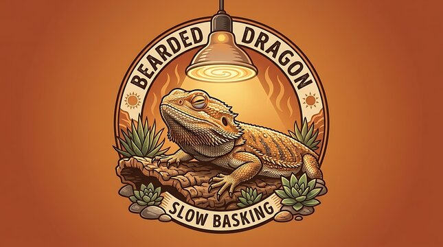 Bearded dragon lizard basking under a lamp in circular logo design