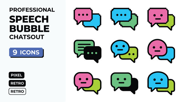 Set Of Pixel Art Speech Bubbles Icons In Retro Style
