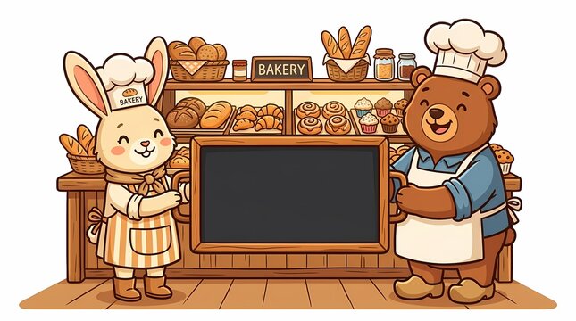 Cute cartoon rabbit and bear bakers holding a blank menu board in a rustic bakery shop.