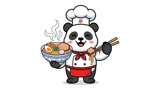 Cute Panda Chef Holding Ramen Bowl and Chopsticks Cartoon Mascot.