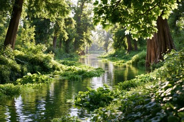 Obraz premium Scenic Winding River Through Dense Wetland Surrounded by Lush Greenery and Reflections