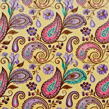 Thick Oil Painting Paisley Iris Floral Repeat Pattern Cream Background