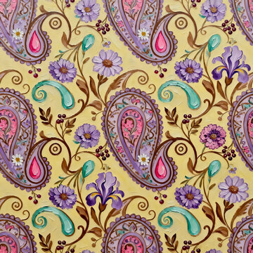Thick Oil Painting Paisley Iris Floral Repeat Pattern Cream Background