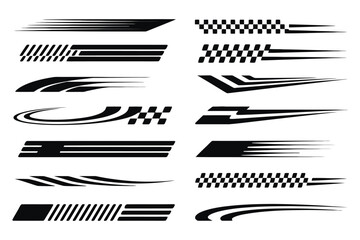 Naklejka premium Racing stripes vector set, black speed decals for car body styling, checkered flag sports graphics, automotive vinyl wrap elements