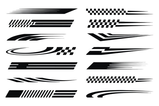 Racing stripes vector set, black speed decals for car body styling, checkered flag sports graphics, automotive vinyl wrap elements