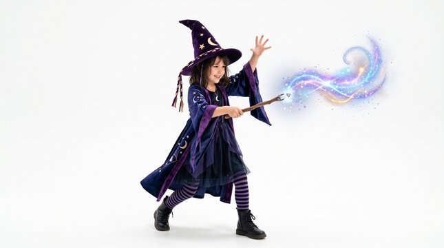 Young girl in witch costume casting magic with wand and sparkling energy