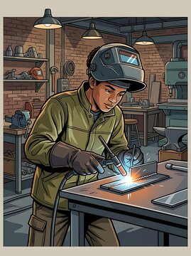 Skilled metalworker welding in a detailed industrial workshop