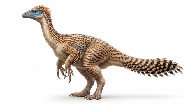 Photorealistic Nothronychus graffami standing in side view, isolated on white background, showing detailed feathers, anatomy, claws, and scientifically accurate paleontological reconstruction.