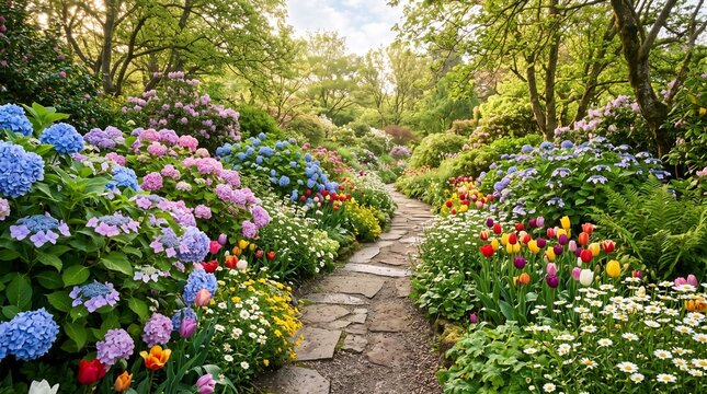 Vibrant Garden Path Lined with Colorful Hydrangeas Tulips and Daisies in Bloom