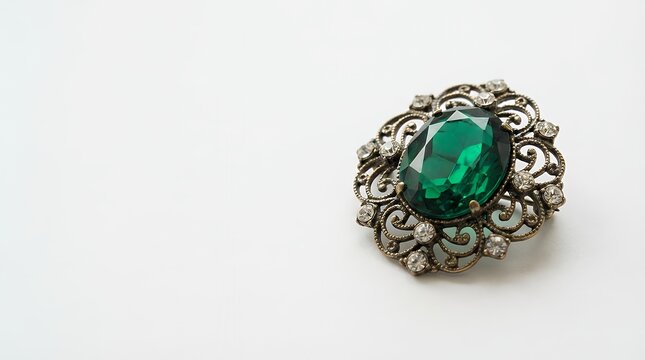 A stunning vintage emerald green brooch adorned with rhinestones elegantly isolated on a clean white background showcasing its timeless jewelry design. vintage emerald green brooch pin jewelry