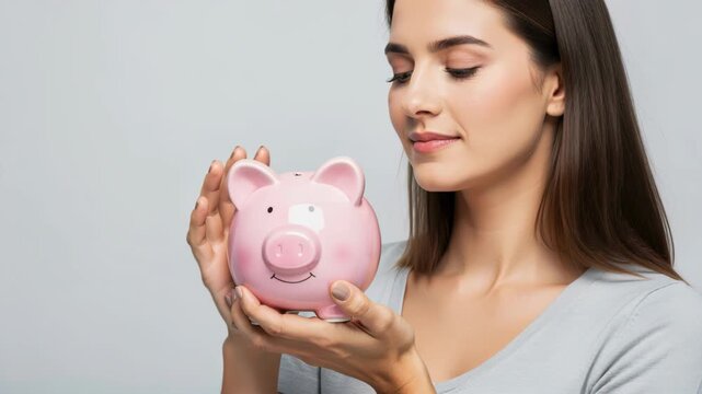 Saving Grace: A young woman cradles a pink piggy bank, her expression a gentle mix of hope and determination, symbolizing prudent financial planning and the pursuit of future dreams.