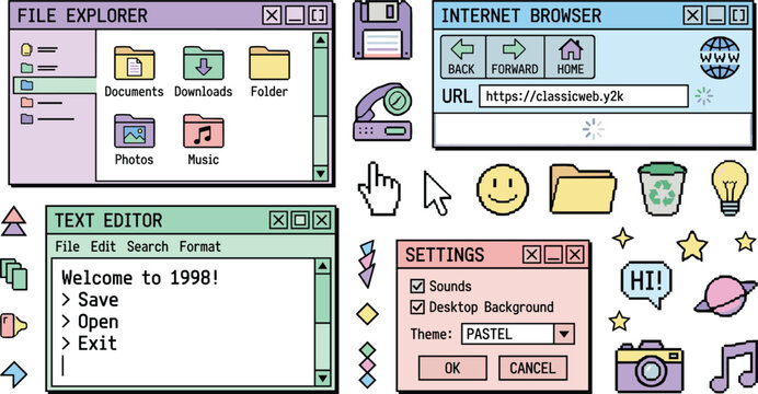 Retro Old Computer Interface Element Set with Y2K Desktop Windows Internet Browser Text Editor and Pixel Art Icons Vector