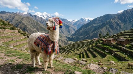 Fototapeta premium Alpaca Standing Proudly in the Andes Mountains with Terraced Fields.