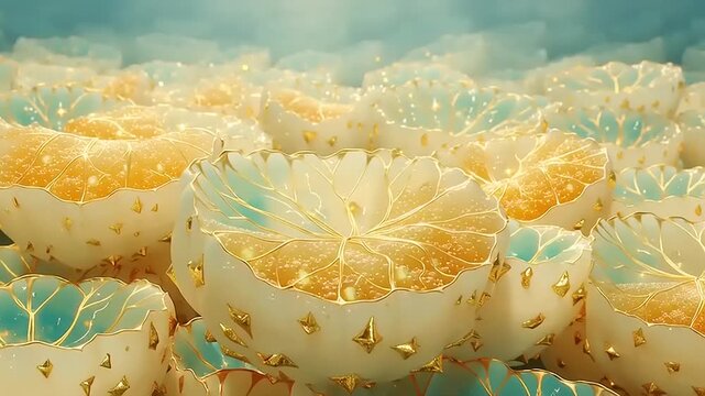 Citrus fruit slices arranged in a grid pattern display translucent textures and golden highlights.