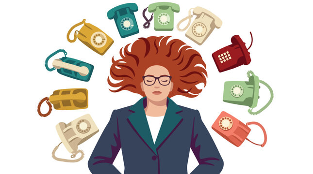 Communication overload and stressed businesswoman with vintage telephones vector illustration for corporate mental health