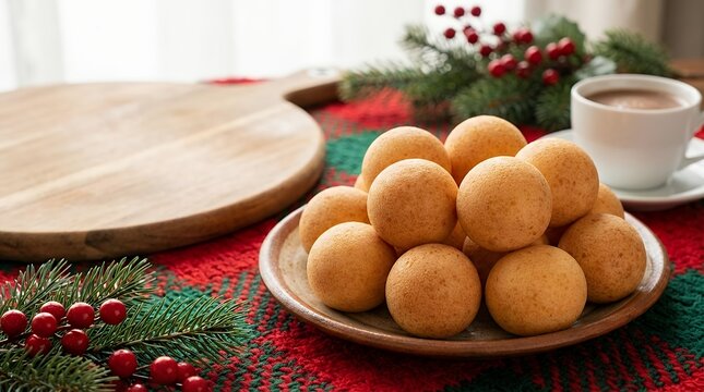 A Delicious and Traditional Colombian Christmas Treat Known as Bu�uelos Which Are Deep-Fried Cheese Bread Balls Arranged on a Plate and Capturing the Festive Holiday Atmosphere bu�uelos traditional