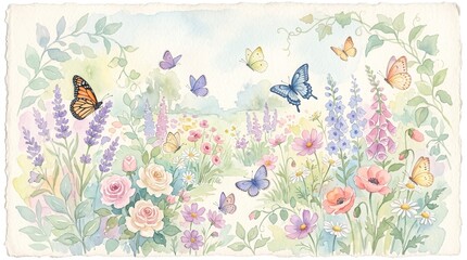 Fototapeta premium Watercolor Garden Scene With Butterflies And Flowers