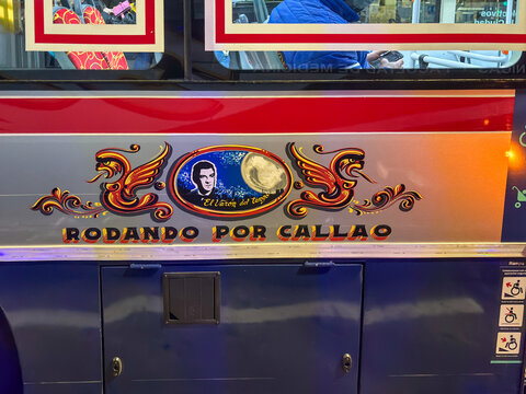 Fileteado Porte&ntilde;o street art detail on public bus - Buenos Aires Argentina