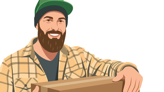 Friendly courier man holding shipping package flat vector illustration for express delivery services marketing