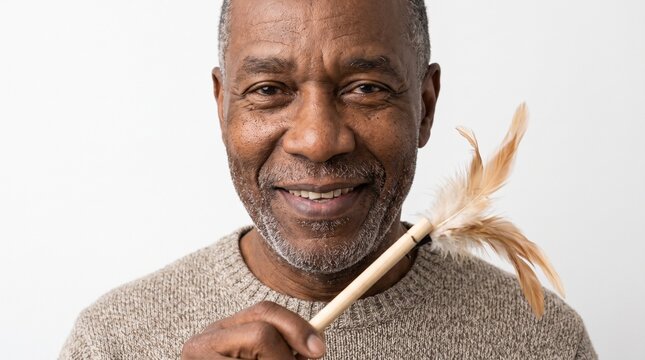 Smiling older Black man holding a feather duster