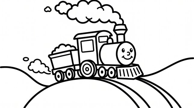 Cute cartoon steam train with coal car emitting smoke on a track