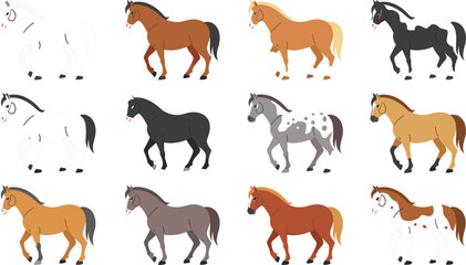 Obraz premium Horse Breeds Collection with Various Coat Colors, Standing and Walking Equine Animals, Farm Livestock, Equestrian Icons, and Flat Vector Illustration Set