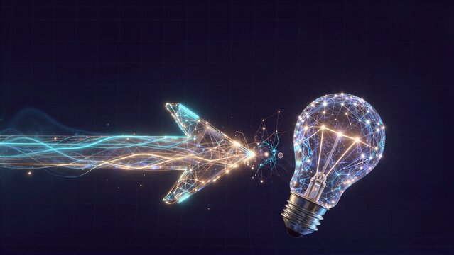 A glowing arrow points to a light bulb, symbolizing innovation and forward progress.