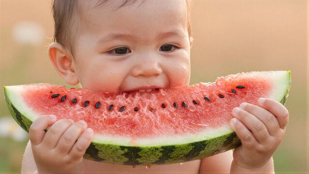 Adorable baby happily munching on a juicy watermelon slice outdoors.