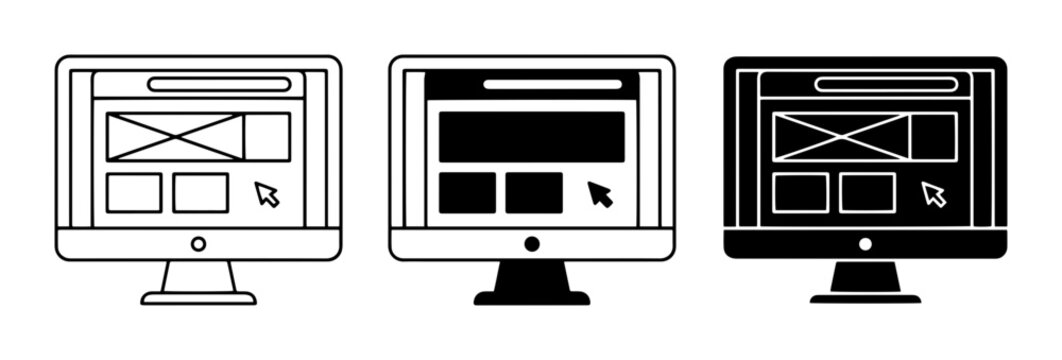 Computer monitor icon set for web design and UI layout outline, solid and color styles, white background