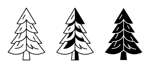Fototapeta premium Christmas tree icon set for winter and holiday design outline, solid and color styles, white background